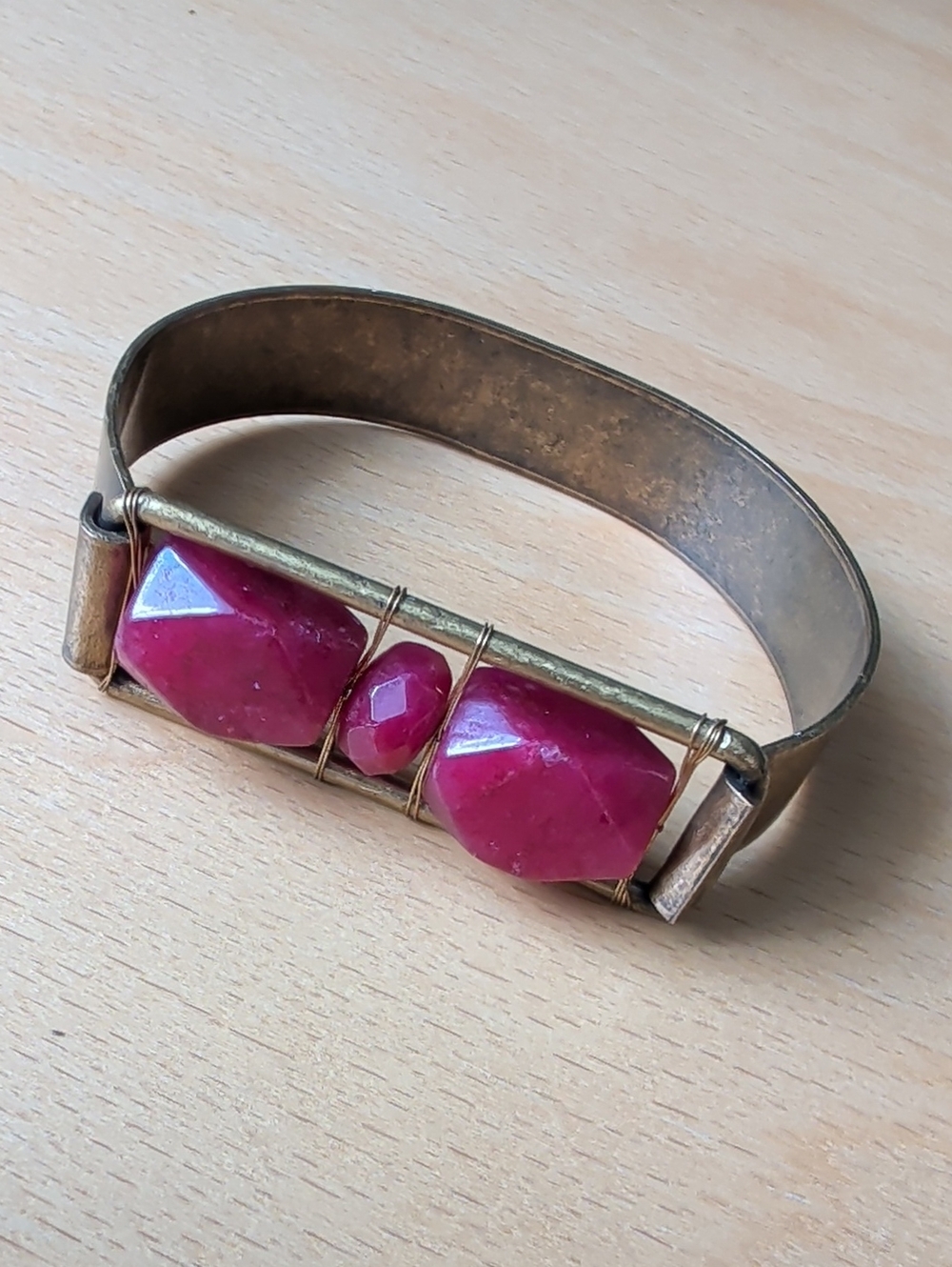 Vintage Brass Cuff Bracelet with Fuchsia Stones